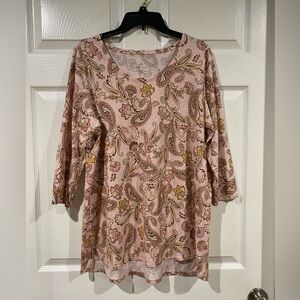 J Jill Pink Pima Cotton Sz Large 3/4 Sleeve shirt Top Crew Neck Tunic Paisley
